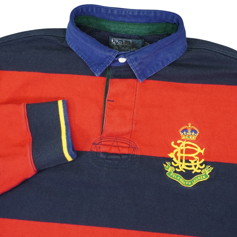 Vintage Polo Ralph Lauren Rugby Shirt Mens M Red Blue Striped Crest Ringlets